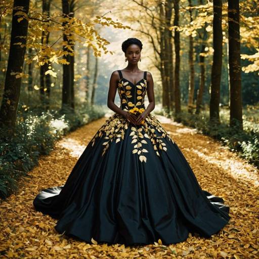 Black Model in Golden Leaf Ballroom Gown in Autumn Forest