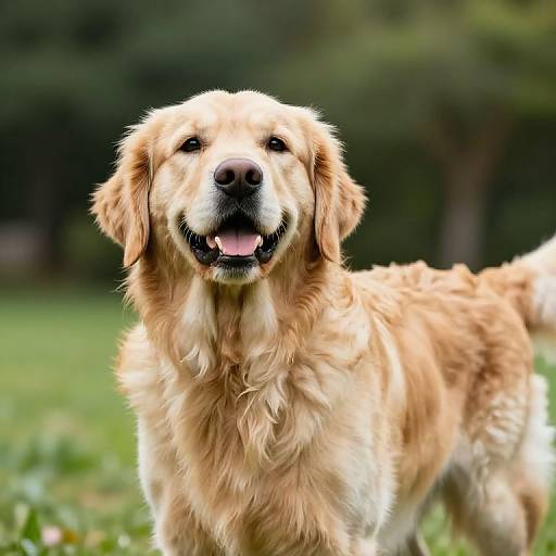 Photograph of a golden retriever with a fluffy coat, smiling with its mouth open, standing in a green grassy park.