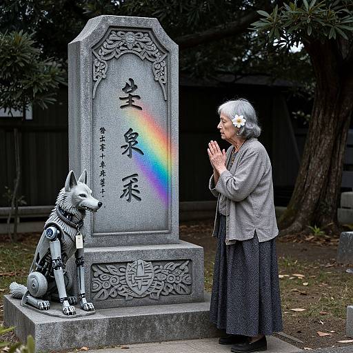 Zombified Woman Prays by Rainbow Tombstone