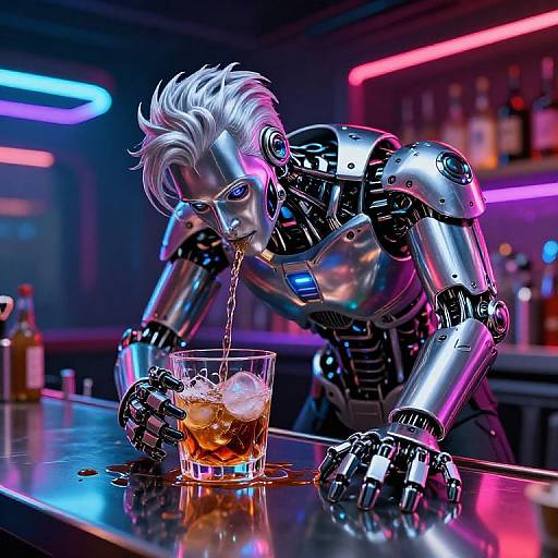 Cyborg with white hair pours whiskey into a glass with ice, neon lights glowing in a futuristic bar. Digital art.