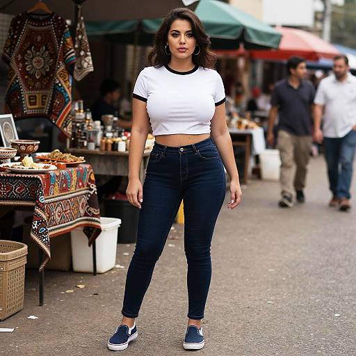 Photograph of a confident young woman with medium skin tone, dark wavy hair, white crop top, dark jeans, and navy sneakers, standing in