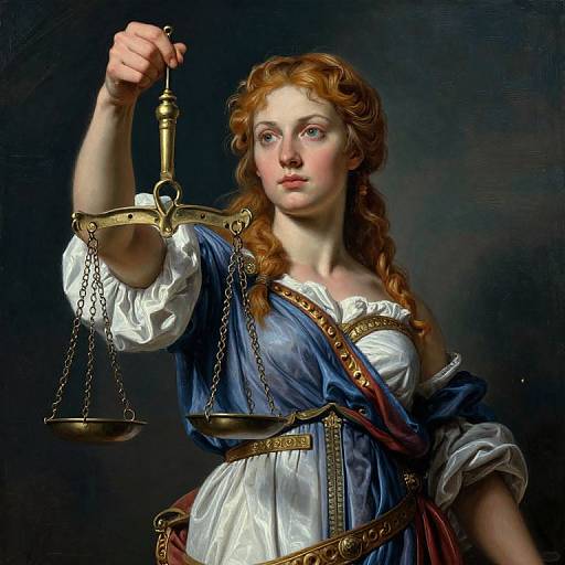 Digital artwork of a red-haired woman with fair skin, holding a balanced golden scale, wearing a blue and white Renaissance-style dress. Dark background highlights her