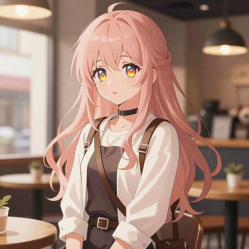 Anime-style digital illustration of a pink-haired girl with golden eyes, wearing a white shirt, black dress, and brown suspenders, in a softly lit