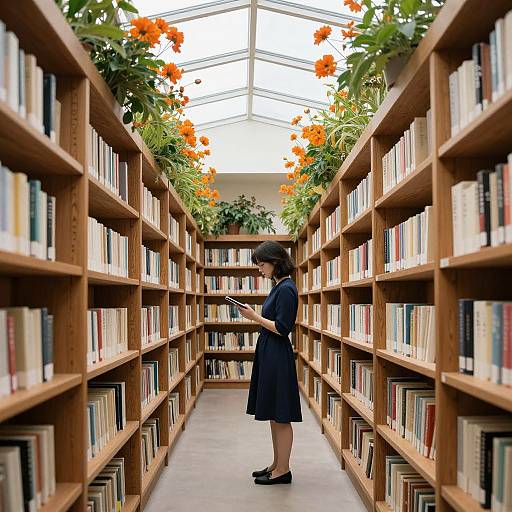 Photograph of a woman in a black dress and black flats, standing in a narrow book aisle with wooden shelves and bright orange flowers overhead, reading a