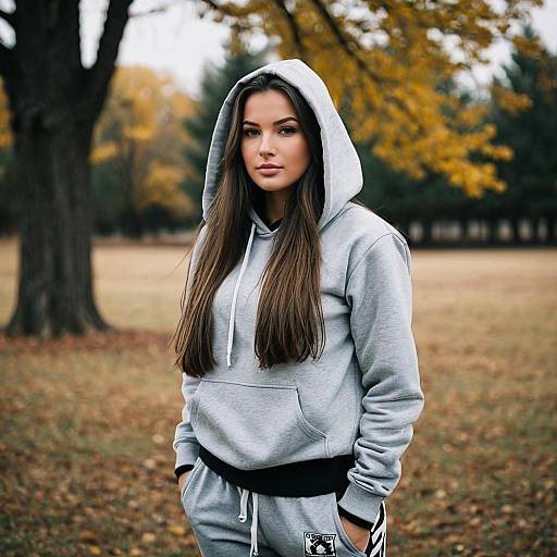 Young Woman in Grey Hoodie Outdoors