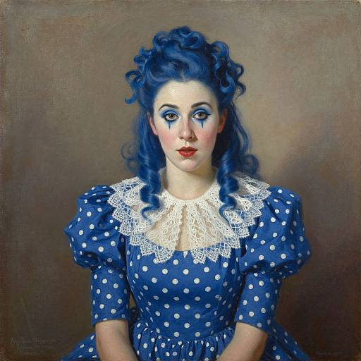 Vividly painted portrait of a pale-skinned woman with blue wavy hair, wearing a blue polka dot dress with a white lace collar,