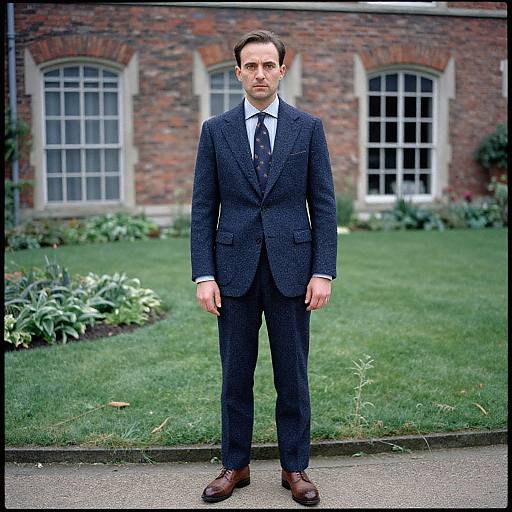 Photograph of a serious, fair-skinned man with dark brown hair in a navy blue suit, white shirt, and brown shoes, standing in front