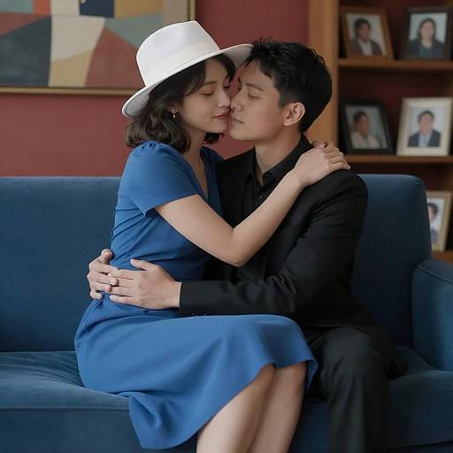 Intimate Moment on a Blue Couch