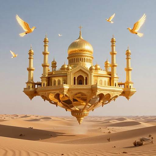 Golden, ornate, floating mosque with four minarets and a central dome, surrounded by golden birds, over a desert landscape. Digital art.