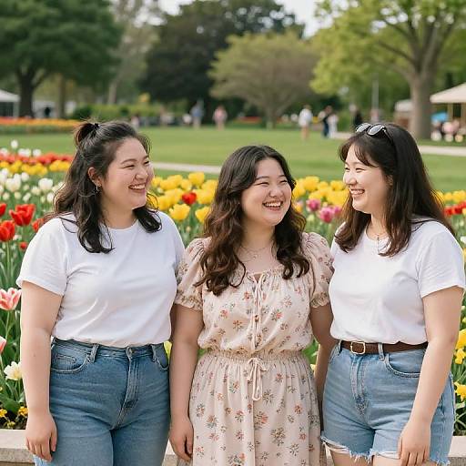 Three smiling Asian women with dark hair, wearing white shirts and jeans, standing in a vibrant garden with colorful flowers. Photograph.