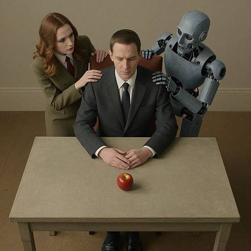 Photograph of a man in a black suit, red apple on table, woman in green suit behind him, and a robot to the right. Man