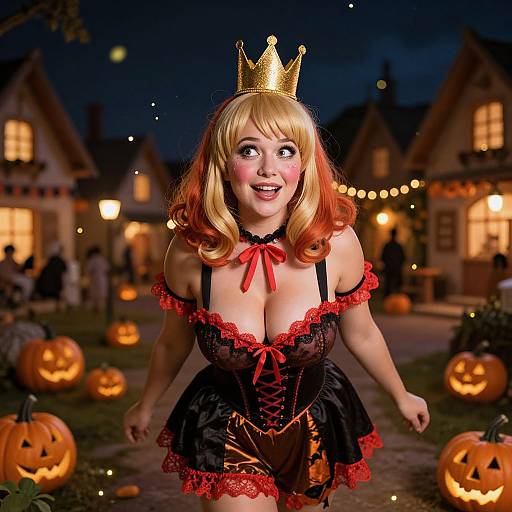 Photograph-style digital artwork of a blonde woman in a black corset dress with red lace, gold crown, and Halloween-themed night village background with glowing