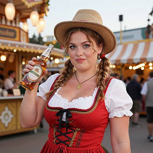 Photograph of a fair-skinned woman with blonde braids, wearing a straw hat, red dirndl with white blouse, holding a beer bottle,