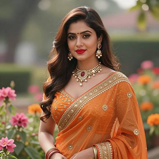 Indian Woman in Orange Saree in Garden
