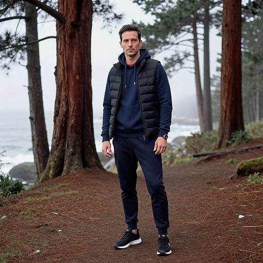 Photograph of a serious-looking man in his 30s, wearing a black puffer jacket, hoodie, pants, and sneakers, standing on a