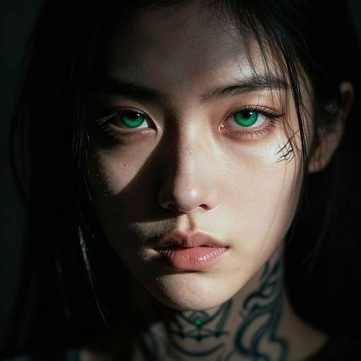 Close-up photograph of a young woman with striking green eyes, pale skin, black hair, and intricate neck tattoos, lit dramatically with dark shadows.