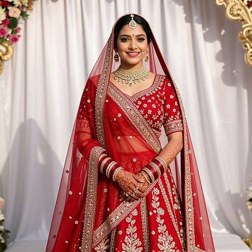 Photograph of a smiling South Asian bride in a red traditional lehenga with gold embroidery, veiling, and jewelry, standing against a white floral backdrop