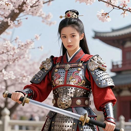 Digital artwork of an East Asian woman in ornate samurai armor, holding a sword, standing amidst cherry blossom trees. Bright daylight, traditional Japanese building