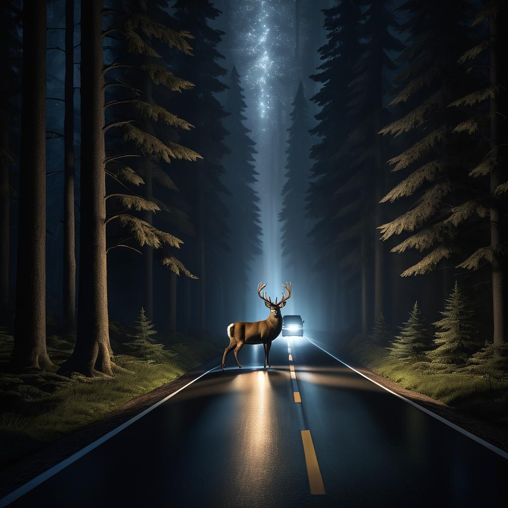 Cautious Deer on a Dark Road