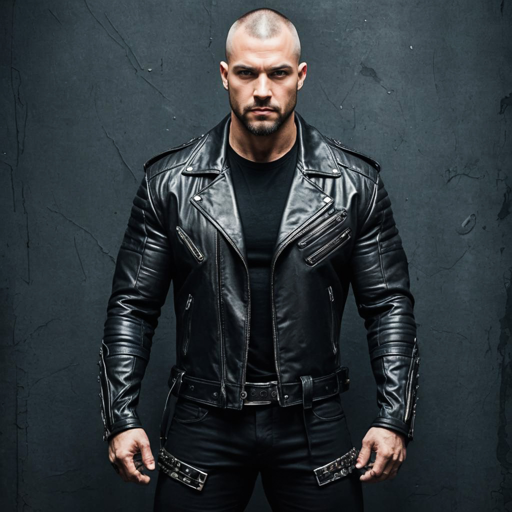 Muscular Rebel in Biker Gear