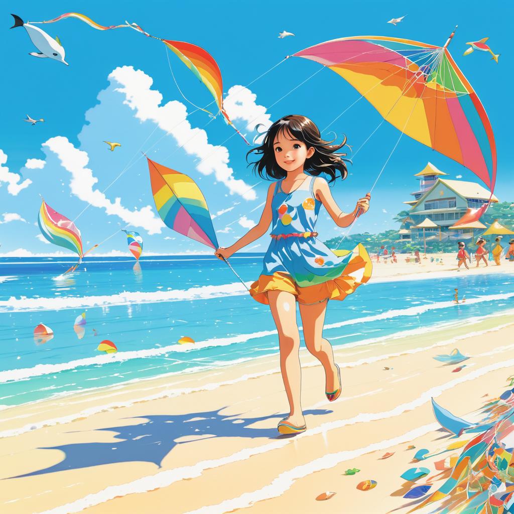 Girl with Kite on a Sunny Beach