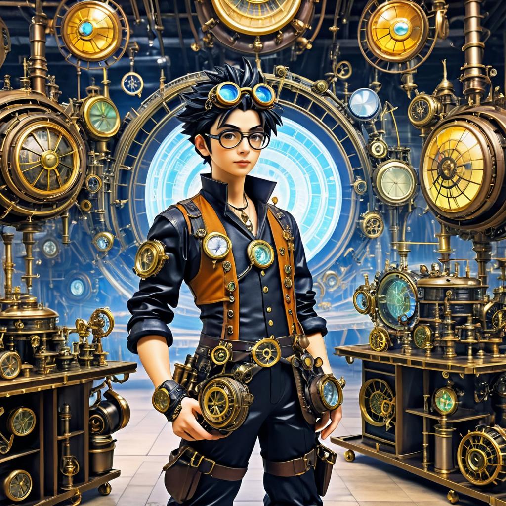 Steampunk Inventor in Futuristic Workshop