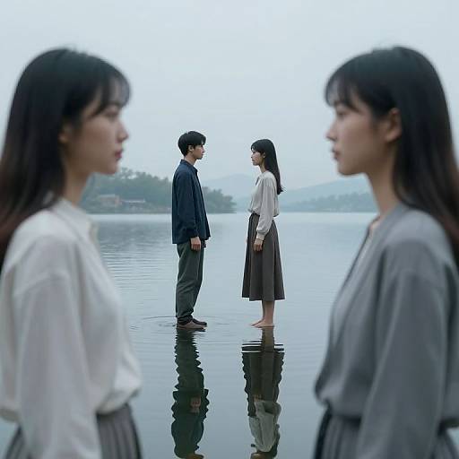 Photograph of four East Asian individuals in traditional Japanese attire standing in calm water, with two in focus and two blurred in foreground, reflecting on the water