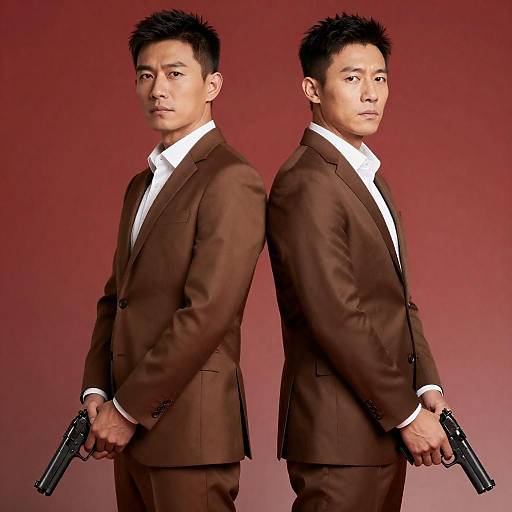 Two Asian Men in Brown Suits Holding Guns Back-to-Back