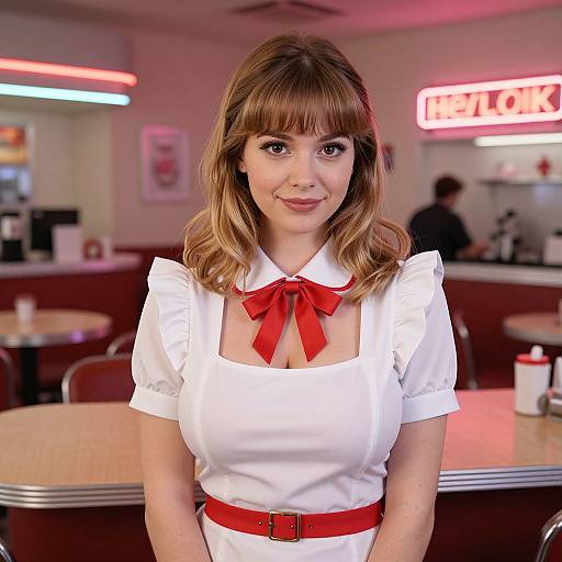 Photograph of a young woman with light brown hair in a white waitress uniform with red bow and belt, smiling in a retro diner with neon signs and