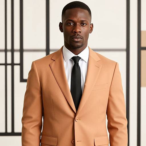 Photograph of a serious Black man with short hair wearing a tan suit, white shirt, and black tie, standing in front of a geometric black-and