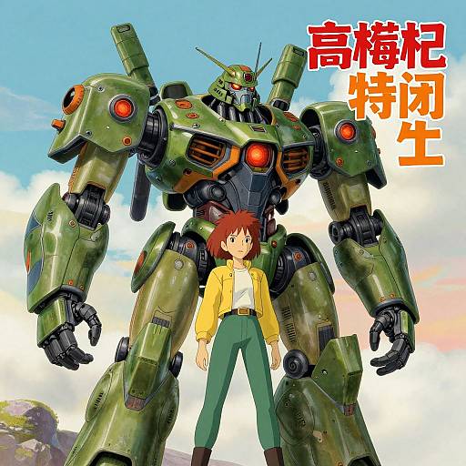 Anime-style digital drawing: small brown-haired boy in yellow jacket and green pants stands in front of large green mecha robot, blue sky background, Japanese