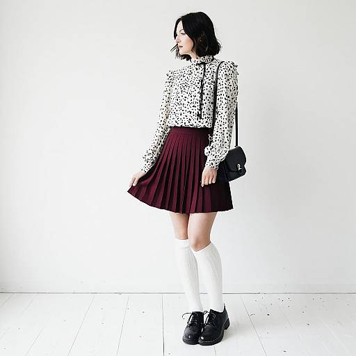 Woman in Dalmatian Spot Blouse and Burgundy Skirt