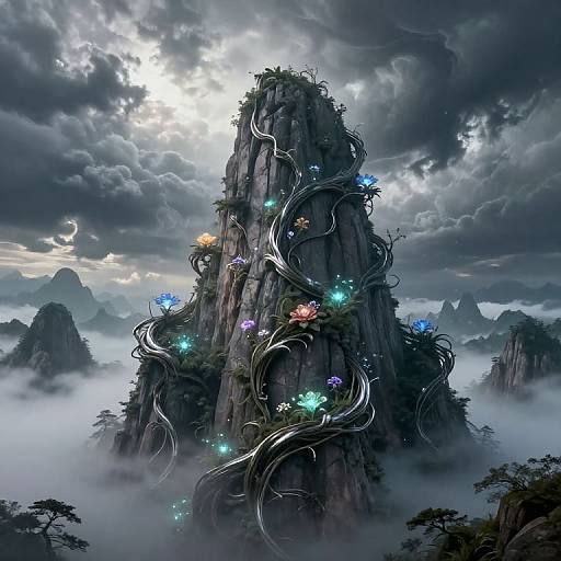 Fantastical digital artwork of a towering, rocky mountain with swirling vines and glowing flowers, set in a foggy, mountainous landscape under a storm