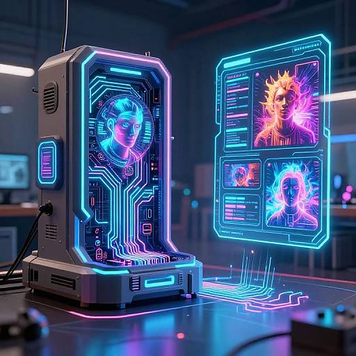Photorealistic CGI of a futuristic, neon-lit cyber lab with a glowing, circuitry-encased device and holographic screens displaying vibrant,