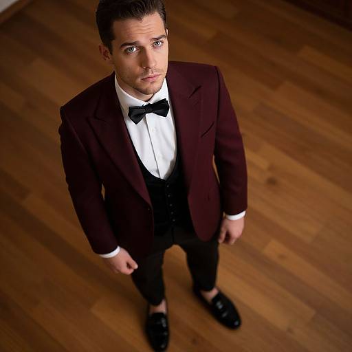 Photograph of a handsome man with short dark hair, wearing a dark brown suit, white shirt, black bow tie, and black shoes, standing on