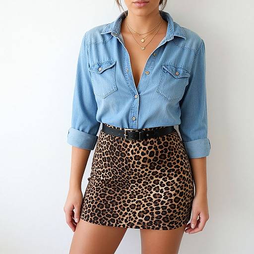 Photograph of a woman in a light blue denim shirt, leopard print mini skirt, black belt, and layered necklaces, standing against a plain white