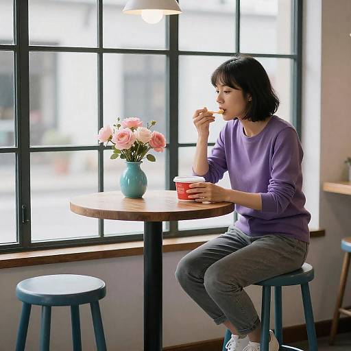 Woman Eating by Window with Flowers