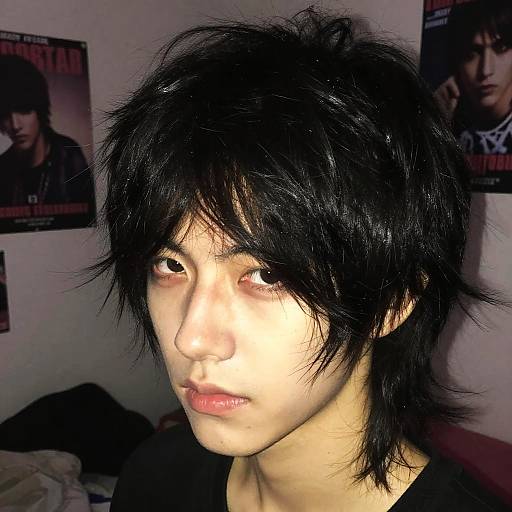Photograph of an Asian person with messy black hair, pale skin, and intense gaze, standing in a room with rock posters on the wall.