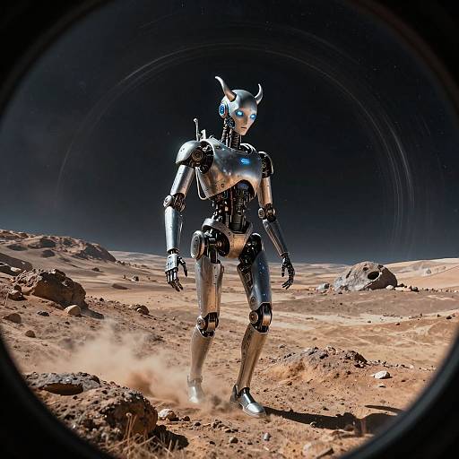 Photorealistic CGI of a futuristic, silver robot with horns walking on a dusty, rocky Martian landscape under a dark, starry sky.