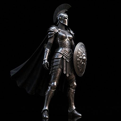 CGI image of a silver-armored Roman soldier in a helmet, holding a shield, standing in a dark, spotlighted background.