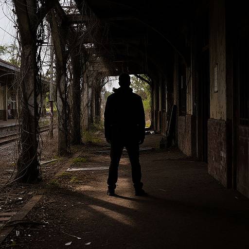 Silhouetted man walks under dark, leafless tree archway, sunlight filtering through, creating stark shadows on worn, dirt path. Photo.