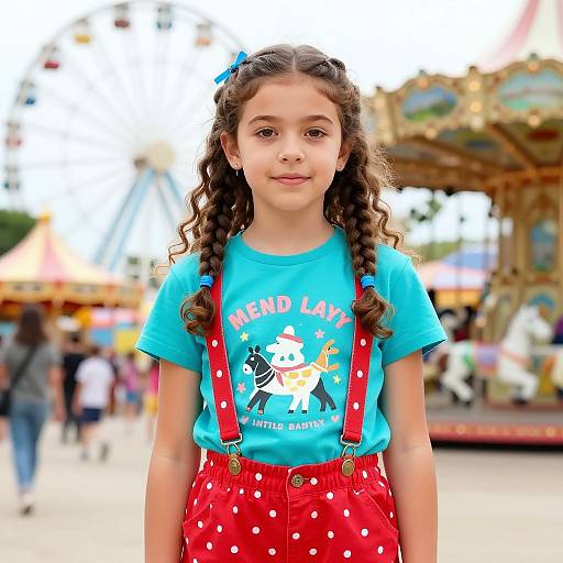 Photograph of a young girl with curly brown hair in braids, wearing a turquoise 
