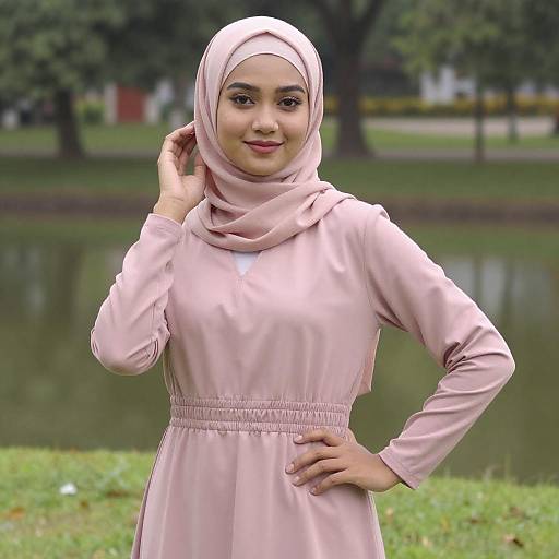 Young Woman in Pink Hijab by Pond