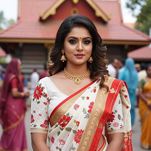 Photograph of a beautiful Indian woman with dark hair, wearing a white floral sari with red and gold accents, gold jewelry, and a confident expression