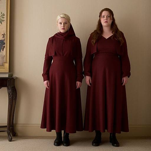 Photograph of two women in identical maroon, long-sleeved dresses and black boots, standing against a beige wall with a framed painting to the