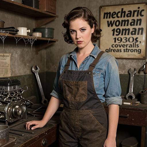 Photograph of a 1940s-style woman with dark curly hair, wearing a blue denim shirt and brown overalls, standing in a vintage mechanic