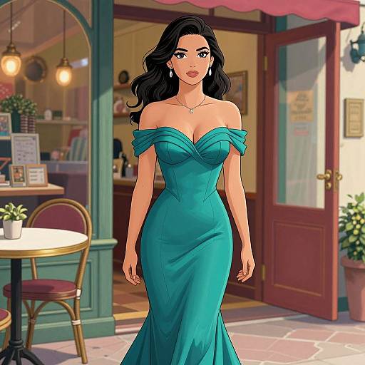 Digital illustration of a beautiful woman with long black hair in an off-shoulder turquoise dress, standing outside a quaint café with a red door and p