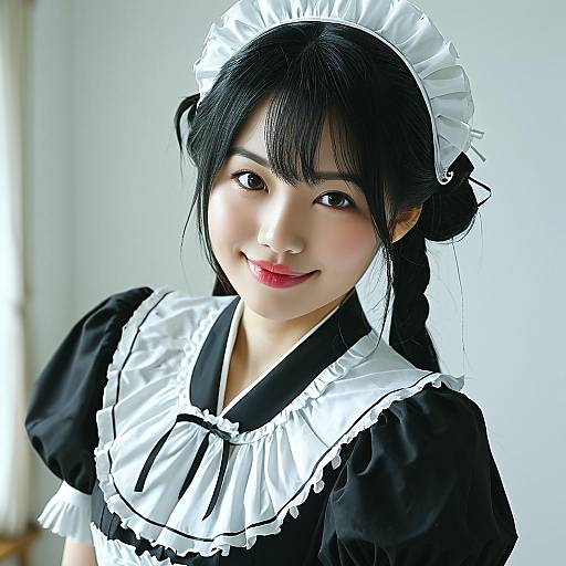 Photograph of a smiling Asian woman with black hair in a maid outfit, featuring a white ruffled headpiece and black dress.
