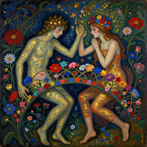 Vibrant, detailed painting of two golden, flower-patterned, nude figures with floral crowns, surrounded by colorful flowers, touching hands amid a