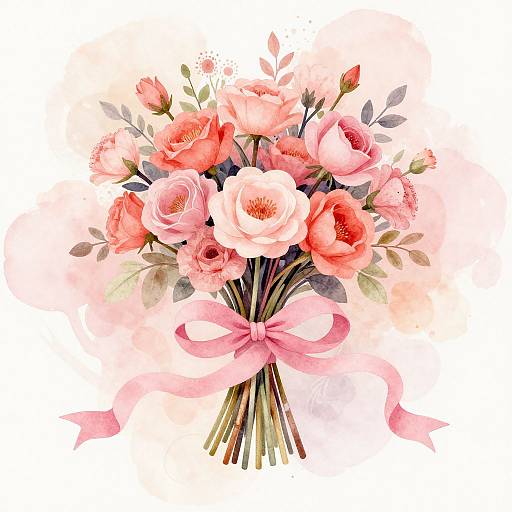 Dreamy Pink Ribbon Bouquet Watercolor